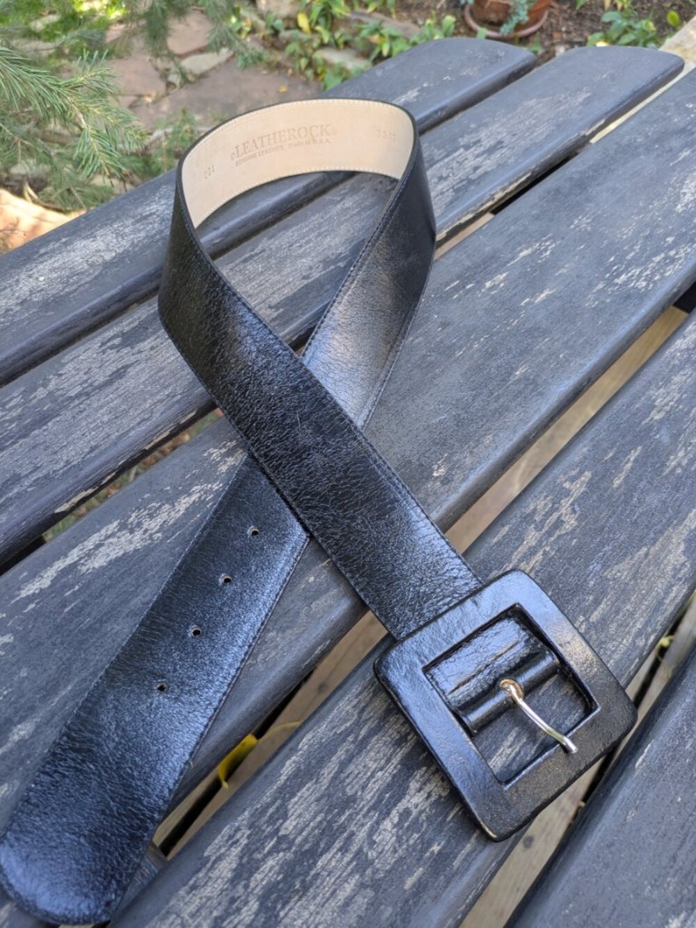 Vintage Leatherock Wide Black Leather Belt Sz 34 Leather Wrapped Buckle USA
